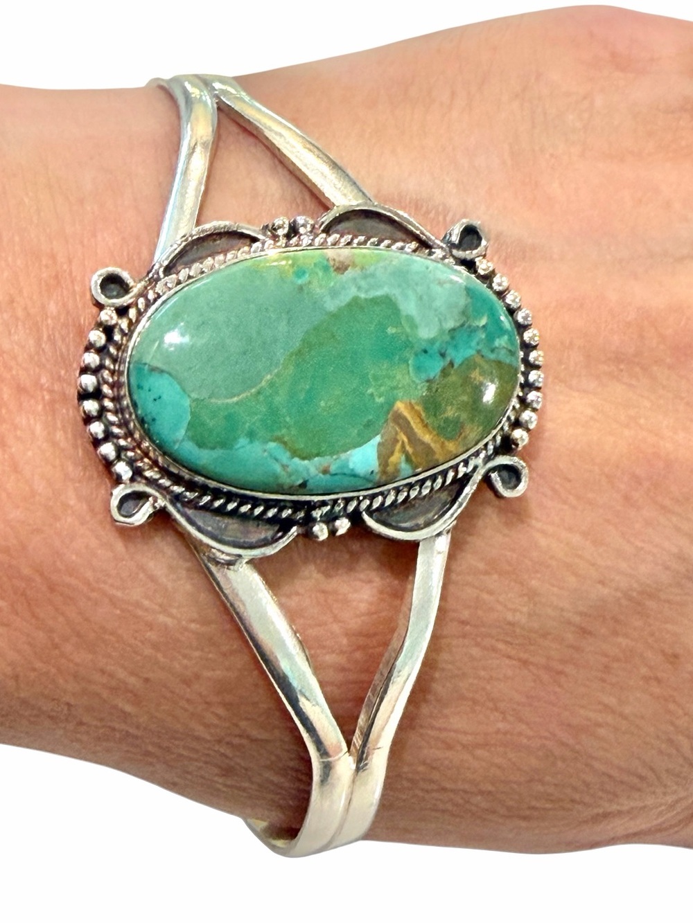 925 Sterling Silver Green Royston Turquoise Split Shank Cuff Bracelet